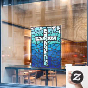 Stained Glass Cross Blue Black White Window Cling
