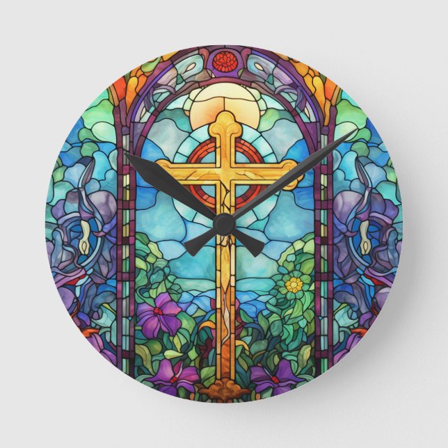 Stained Glass Cross  Round Clock (Front)