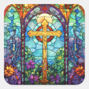 Stained Glass Cross  Square Sticker