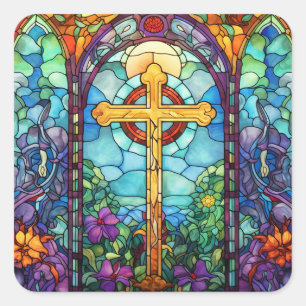Stained Glass Cross  Square Sticker