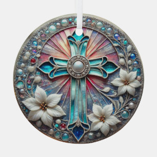 Stained Glass Cross with Pearls and Poinsettias Tree Decoration