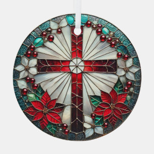 Stained Glass Cross with Poinsettias Glass Tree Decoration