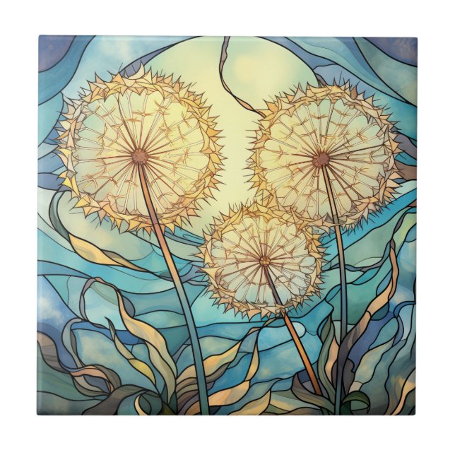 Stained Glass Dandelion Illustration Tile (Front)