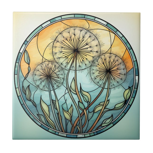 Stained Glass Dandelion Illustration Tile (Front)