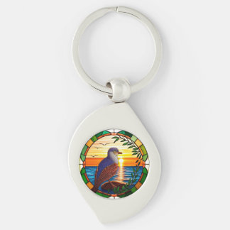 Stained Glass Design Featuring Bird on Rock Key Ring