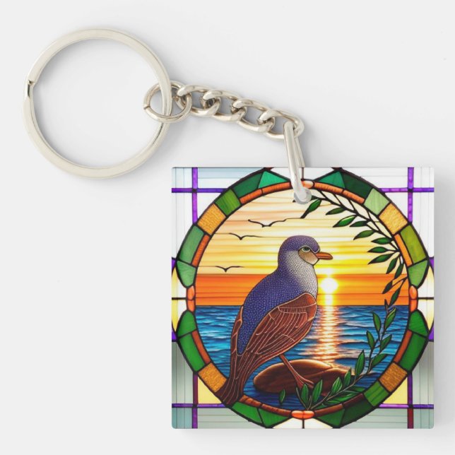 Stained Glass Design Featuring Bird on Rock Key Ring (Front)