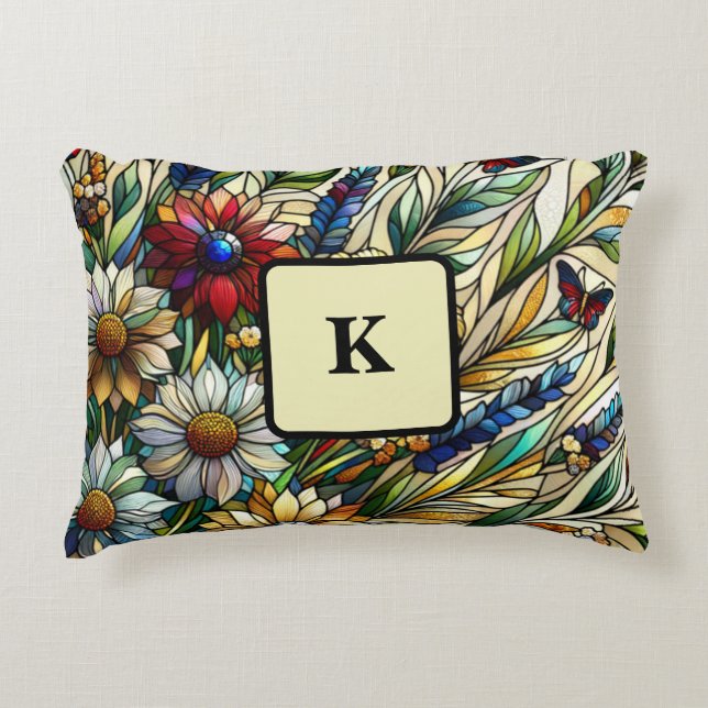 Stained Glass Design Wildflowers and Butterflies Decorative Cushion (Front)