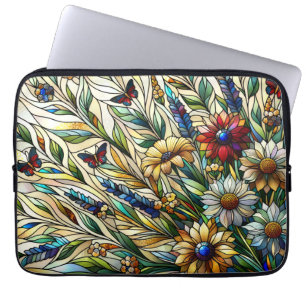 Stained Glass Design Wildflowers and Butterflies Laptop Sleeve
