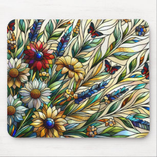 Stained Glass Design Wildflowers and Butterflies Mouse Mat