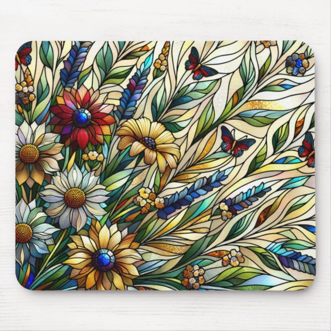 Stained Glass Design Wildflowers and Butterflies Mouse Mat (Front)