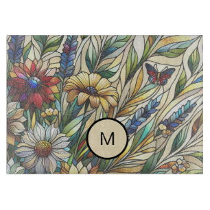 Stained Glass Design Wildflowers Field Monogram Cutting Board