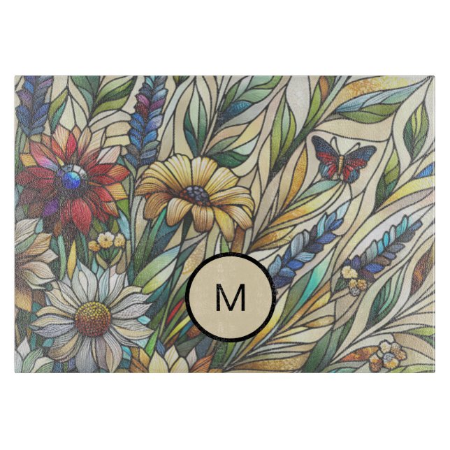 Stained Glass Design Wildflowers Field Monogram Cutting Board (Front)