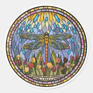 Stained Glass Design with a Dragonfly Classic Roun Classic Round Sticker