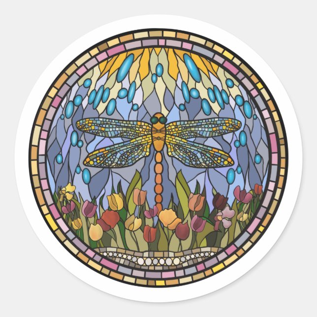 Stained Glass Design with a Dragonfly Classic Round Sticker (Front)