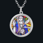 Stained Glass Design with Religious Figure. Silver Plated Necklace<br><div class="desc">Christian Church window stained-glass design offers a pattern of richly coloured panes to create this bright and Colourful Stained Glass Design with depiction of a Religious Figure.</div>