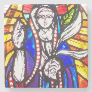 Stained Glass Design with Religious Figure. Stone Coaster