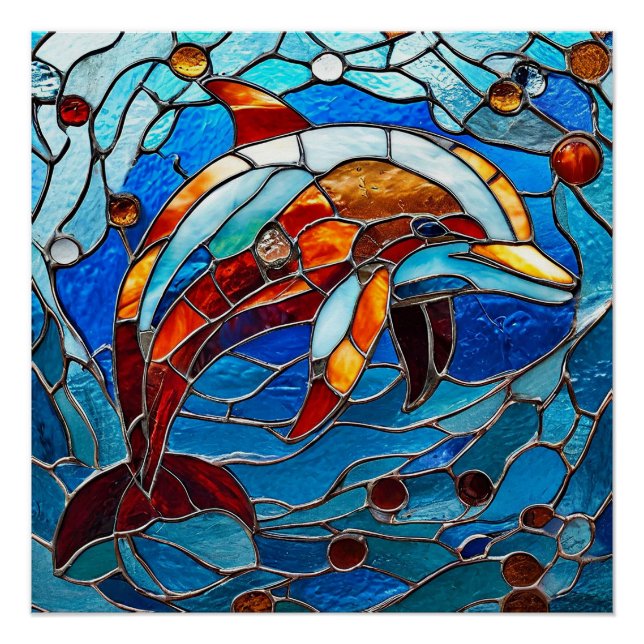 🐬 Stained Glass Dolphin Art Gift For Home 🌊 Poster (Front)
