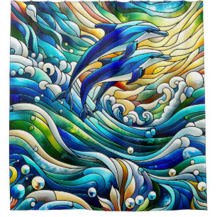 “Stained Glass Dolphin Delight” Shower Curtain