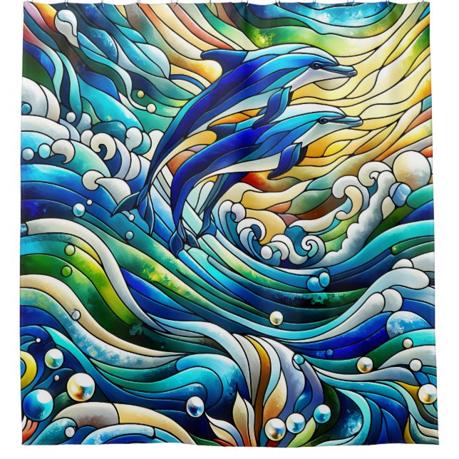 “Stained Glass Dolphin Delight” Shower Curtain (Front)