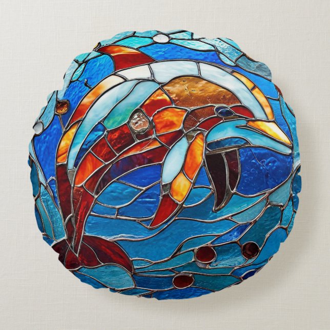 Stained glass dolphin round cushion (Front)