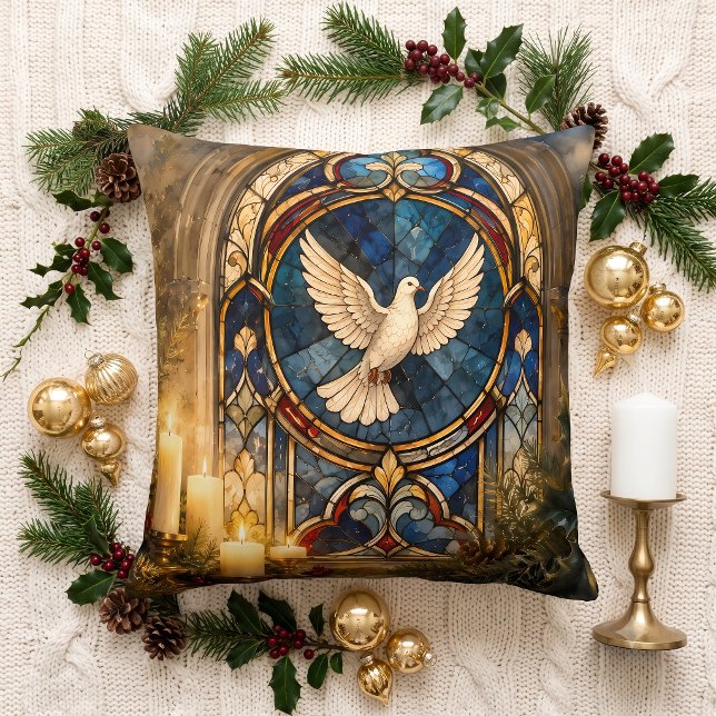 Stained Glass Dove Christmas Window Cushion (Stained Glass Dove Christmas Window Throw Pillow)
