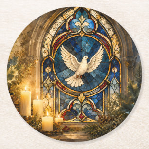 Stained Glass Dove Christmas Window Round Paper Coaster