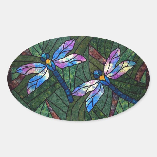 Stained Glass Dragonflies Oval Sticker (Front)