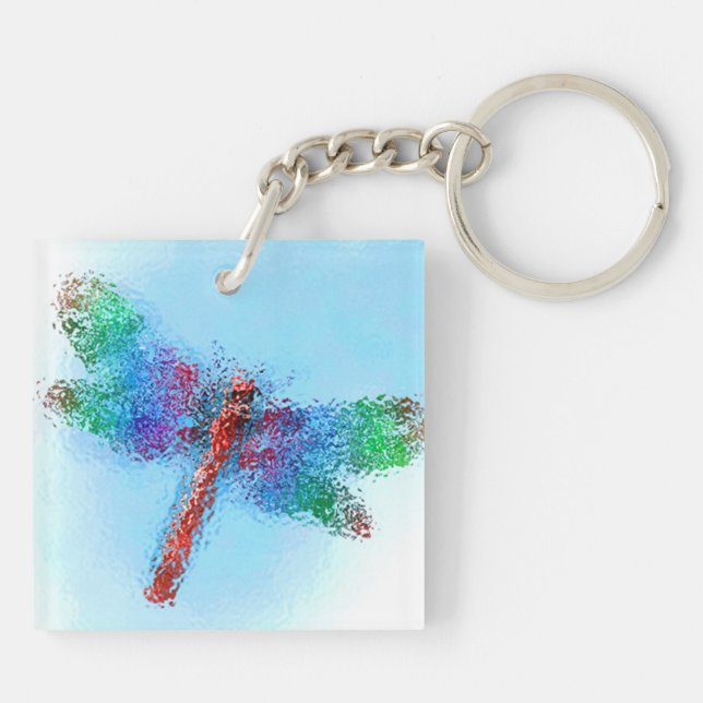 Stained Glass Dragonfly Art (blue) Key Ring (Back)