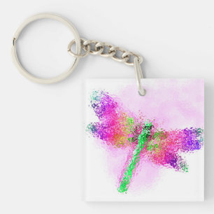 Stained Glass Dragonfly Art (pink) Key Ring