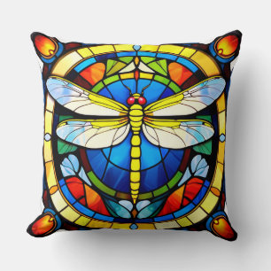 Stained Glass Dragonfly Circular Window Art Cushion