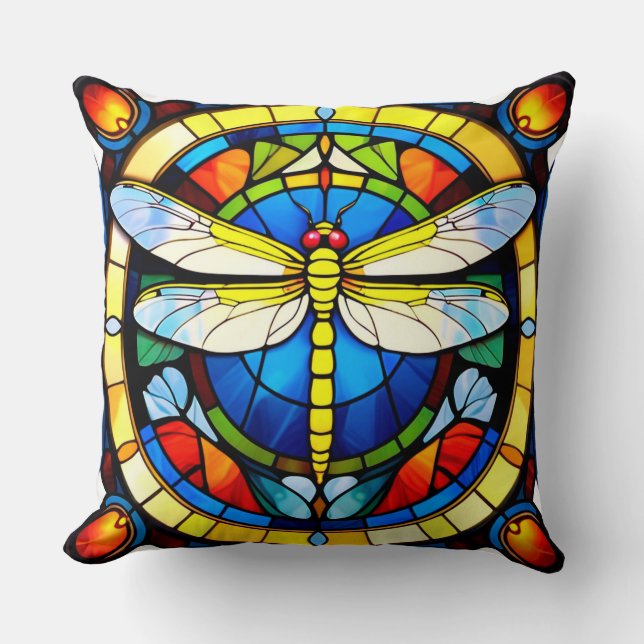 Stained Glass Dragonfly Circular Window Art Cushion (Front)