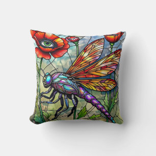 Stained Glass Dragonfly Poppies Unique Eye Art Cushion