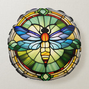 Stained Glass Dragonfly Round Cushion