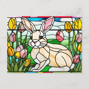 Stained Glass Easter Bunny with Tulip Flowers Holiday Postcard