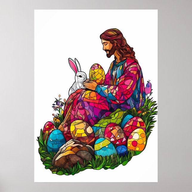 Stained Glass Easter Jesus Eggs Poster (Front)