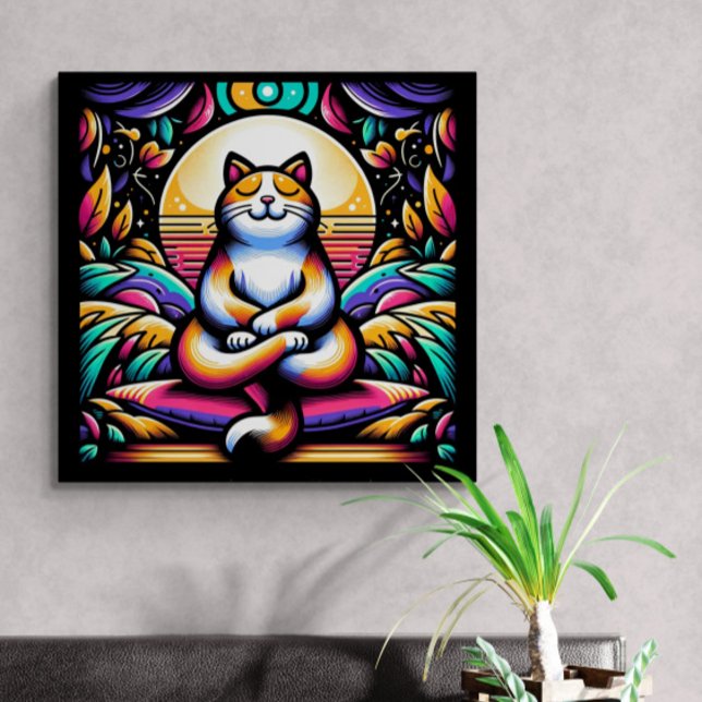 Stained Glass Effect Colourful Cat in Meditation Canvas Print (Creator Uploaded)