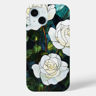Stained Glass Effect iPhone case, White Roses iPhone 15 Case