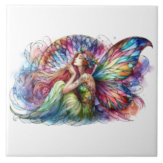 Stained Glass Fairy Dream Enchanting Rainbow Wings Tile