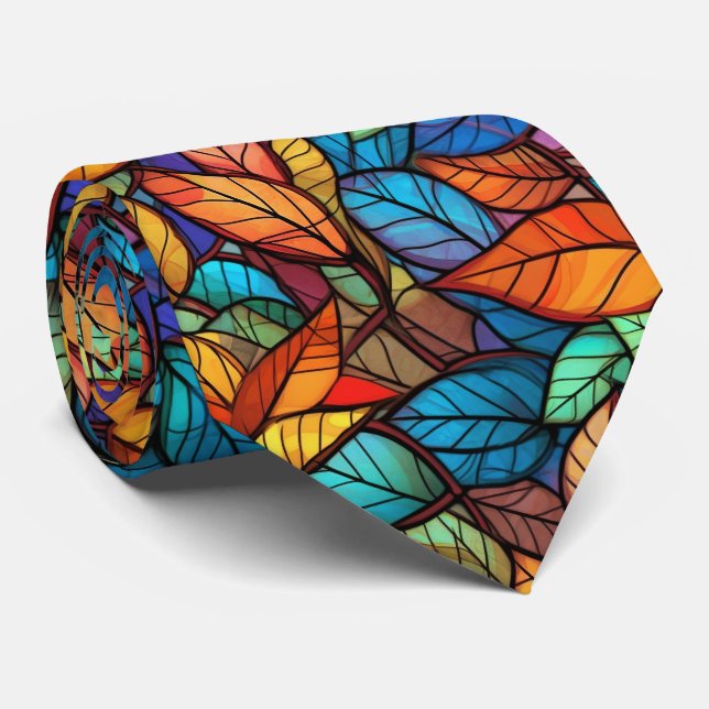 Stained Glass Fall Leave Seamless Pattern Tie (Rolled)