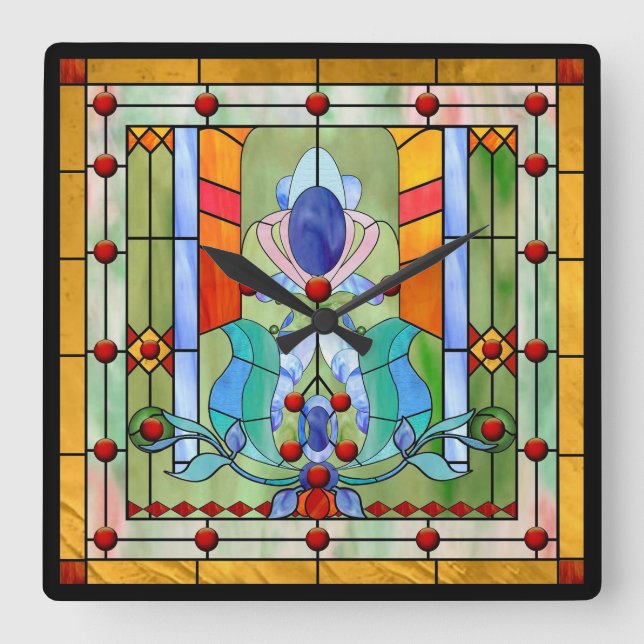 Stained Glass Fantasy Square Wall Clock (Front)