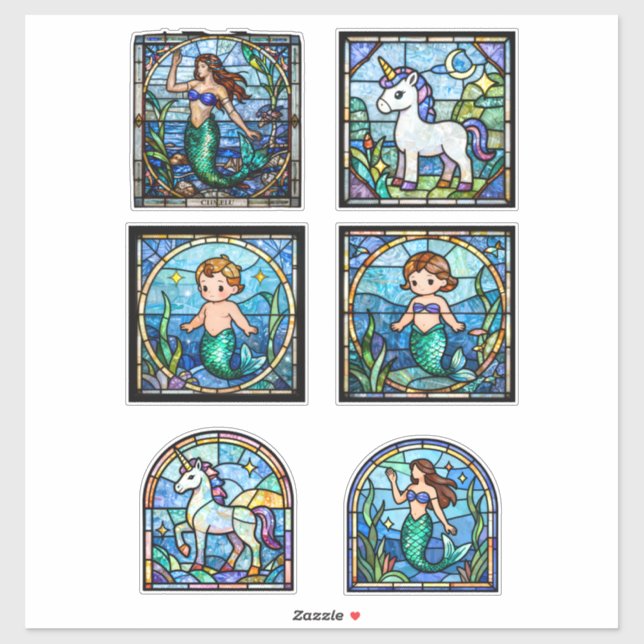 Stained Glass Fantasy Sticker Set – Mermaids & Uni (Sheet)