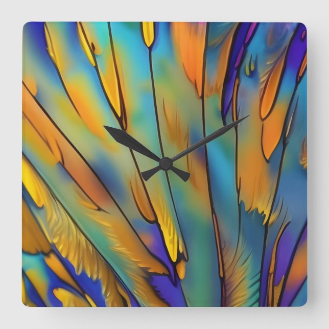 Stained Glass Feather AI Abstract Art  Square Wall Clock (Front)