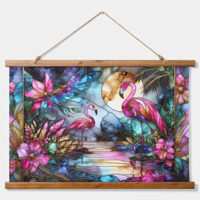 Stained Glass Flamingo Moon Garden Hanging Tapestry (Front)