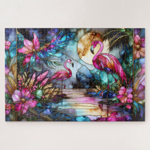 Stained Glass Flamingo Moon Garden Jigsaw Puzzle