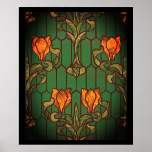 Stained glass floral art nouveau flowers elegant poster