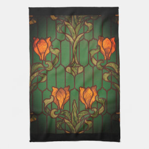 Stained glass floral art nouveau flowers elegant tea towel