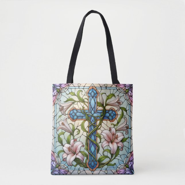 Stained Glass Floral Cross Tote Bag (Front)