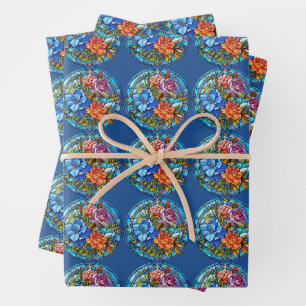 Stained Glass Floral Mosaic Art Design Wrapping Paper Sheet