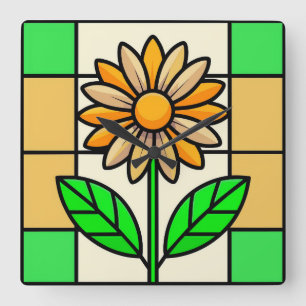 Stained Glass Flower Square Wall Clock
