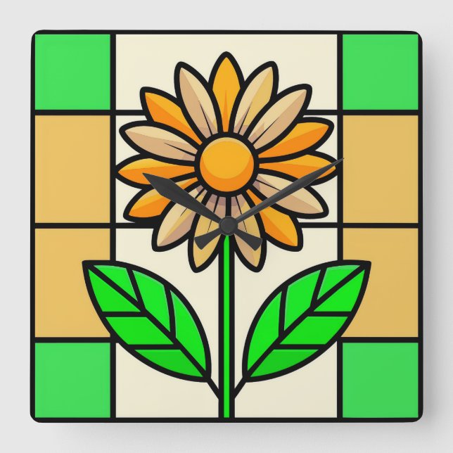 Stained Glass Flower Square Wall Clock (Front)